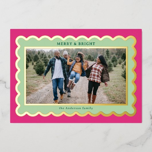 ミントと明るい赤紫色ピンク名門私立校風のホタテのフォトフレーム 箔シーズンカード (正面)