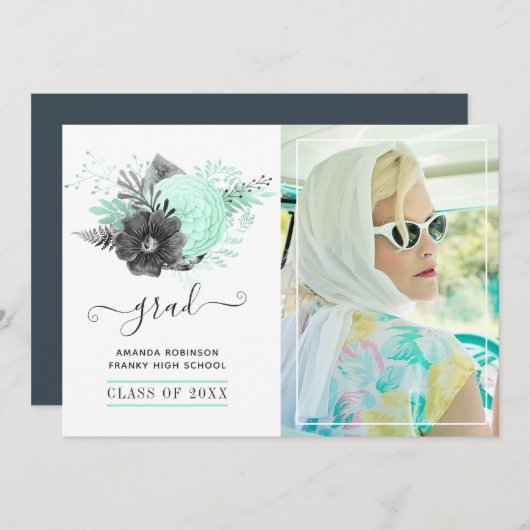 ミントと木炭のフローラ素朴の卒業写真 案内状 (正面/裏面)