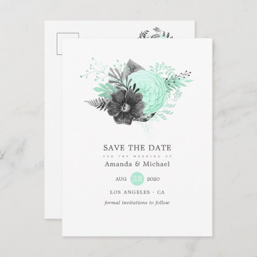 ミントと木炭のフローラ素朴の日付の保存 案内ポストカード (正面/裏面)