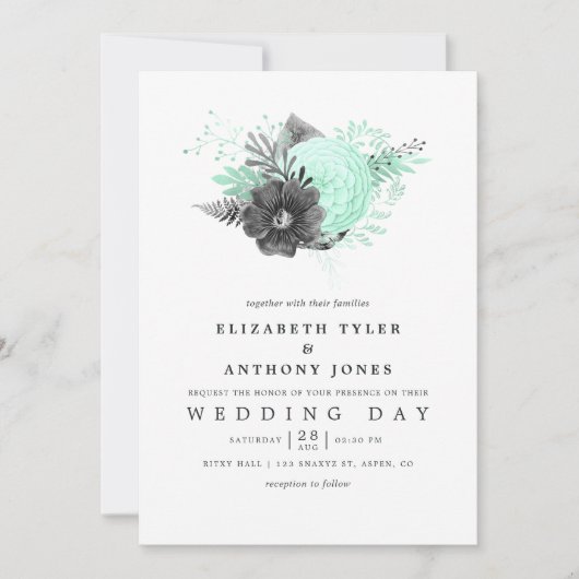 ミントと木炭のフローラ素朴結婚の 招待状 (正面)