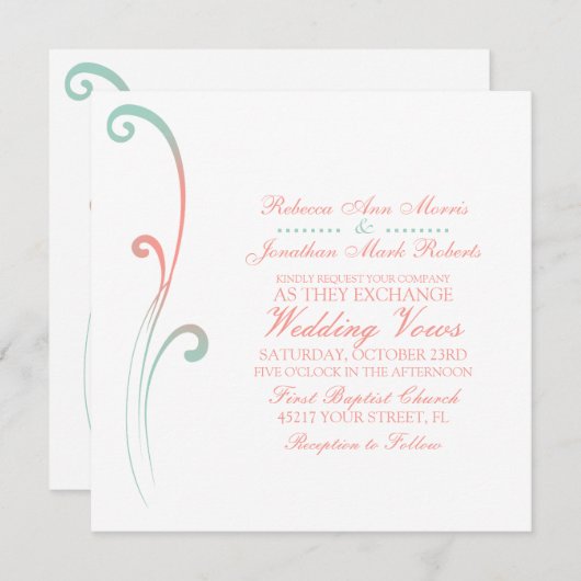 ミントと桃の色あせた花盛り結婚式招待状 招待状 (正面/裏面)