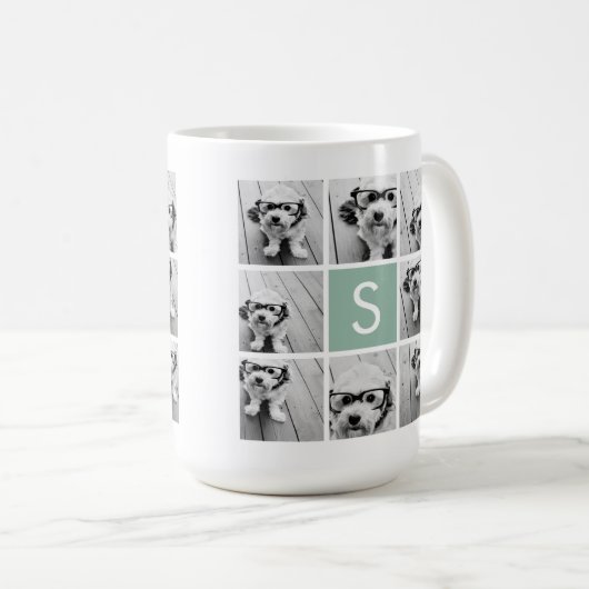 ミントと白のフォトコラージュとモノグラム コーヒーマグカップ (正面右)