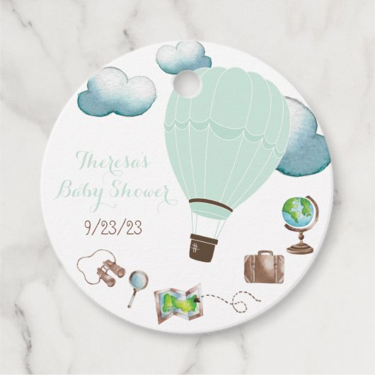 ミントと茶色のホットエアバルーン赤ちゃんシャワーのお気に入り フェイバータグ (正面)