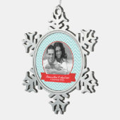 ミントと赤の山形のパターンカスタム写真 スノーフレークピューターオーナメント (右)