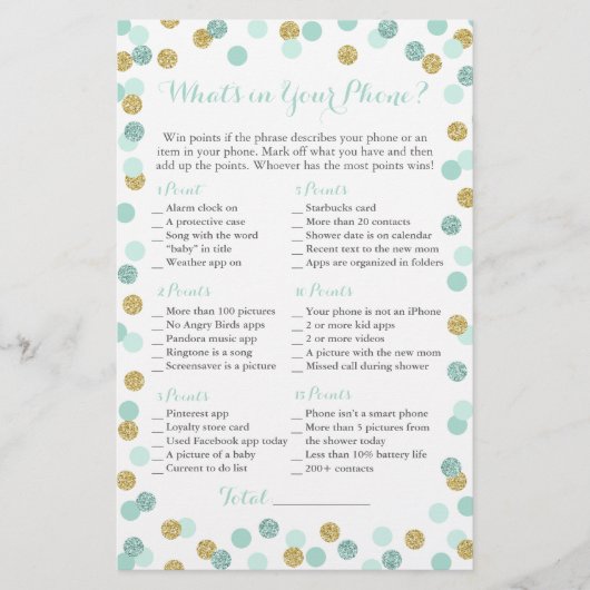 ミントと金ゴールドのグリッターあなたの電話ゲームの中に何があるか (正面)