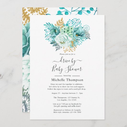 ミントと金ゴールドの水カラーフローラドライブによるシャワー 招待状 (正面/裏面)