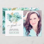 ミントと金ゴールドの水色フローラ卒業写真 案内状 (正面/裏面)