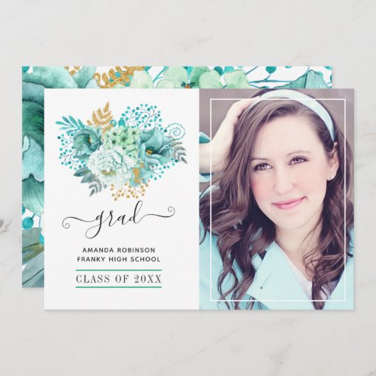 ミントと金ゴールドの水色フローラ卒業写真 案内状 (正面/裏面)