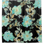 ミントと金ゴールドの花を黒に シャワーカーテン (正面)