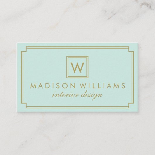 ミントと金ゴールドアールデコモノグラム 名刺 (正面)
