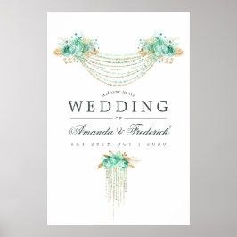 ミントと金ゴールドストリングライトフローラ結婚の歓迎 ポスター