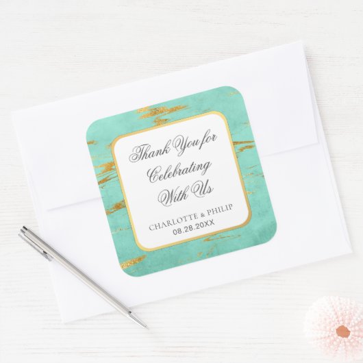 ミントと金ゴールドフェイクフォイルお願い スクエアシール (封筒)