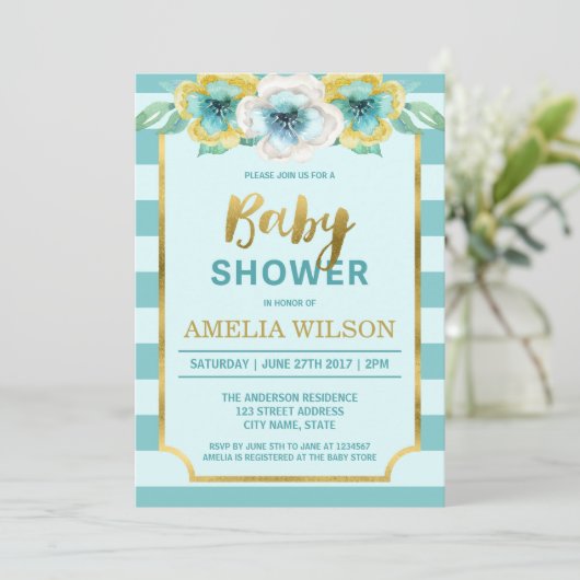 ミントと金ゴールドフェイクフローラベビーシャワー招待状 招待状 (スタンド正面)
