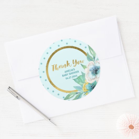 ミントと金ゴールドフェイクフローラ赤ちゃんシャワーありがとう ラウンドシール (封筒)