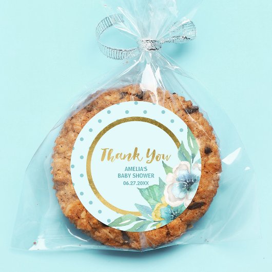 ミントと金ゴールドフェイクフローラ赤ちゃんシャワーありがとう ラウンドシール