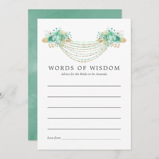 ミントと金ゴールドフローラストリングライトブライダルアドバイス アドバイスカード (正面/裏面)