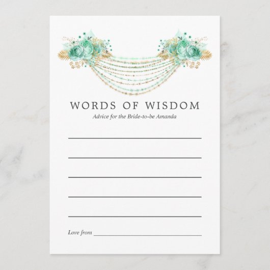 ミントと金ゴールドフローラストリングライトブライダルアドバイス アドバイスカード (正面)
