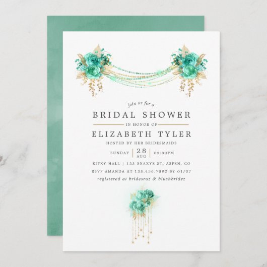 ミントと金ゴールドフローラストリングライトブライダルシャワー 招待状 (正面/裏面)