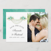 ミントと金ゴールドフローラライト結婚式の日付を保存 セーブザデート (正面/裏面)