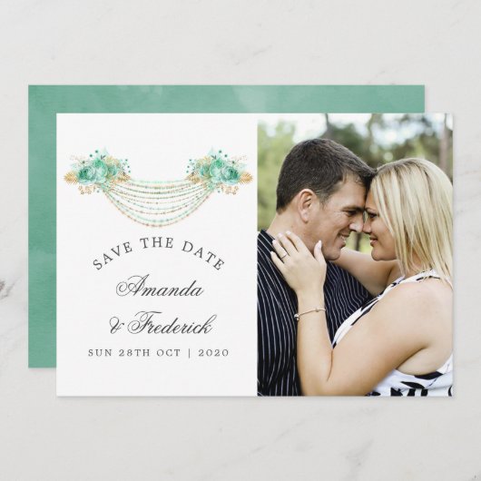 ミントと金ゴールドフローラライト結婚式の日付を保存 セーブザデート (正面/裏面)