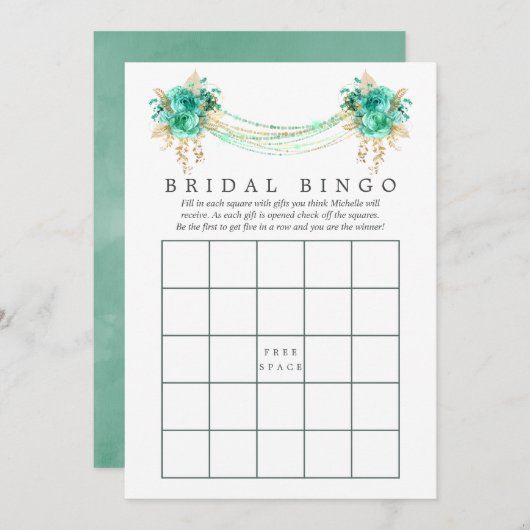 ミントと金ゴールドフローラ文字列ライトブライダルビンゴ (正面/裏面)