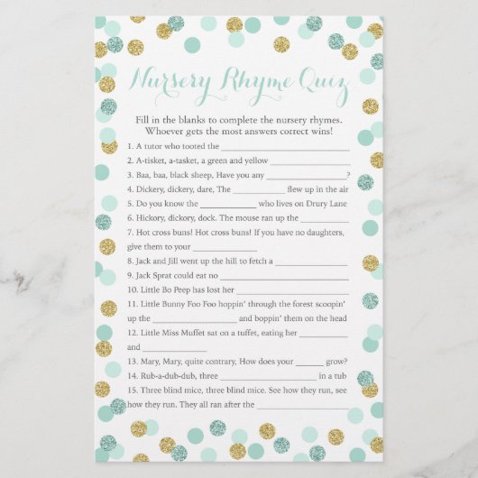 ミントと金ゴールドベビーシャワー子供部屋ライムクイズ (正面)