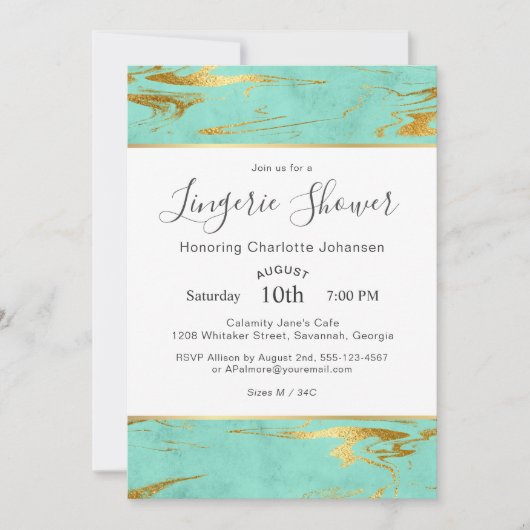 ミントと金ゴールドホイルフェイクランジェリーシャワー 招待状 (正面)