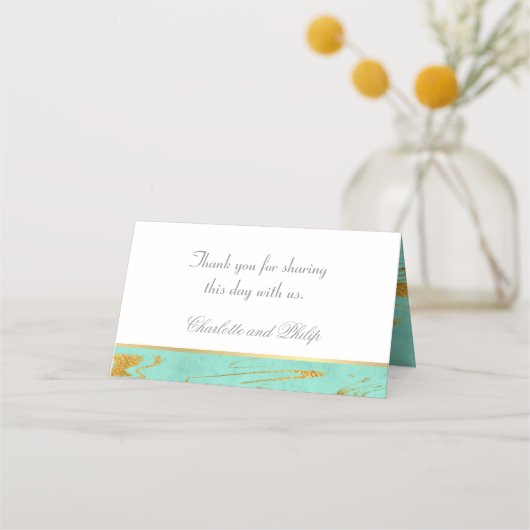 ミントと金ゴールドマーブルパタ結婚ーン プレイスカード (裏面)