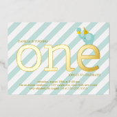 ミントと金フェイク箔の象の誕生日パーティー 箔招待状 (正面)