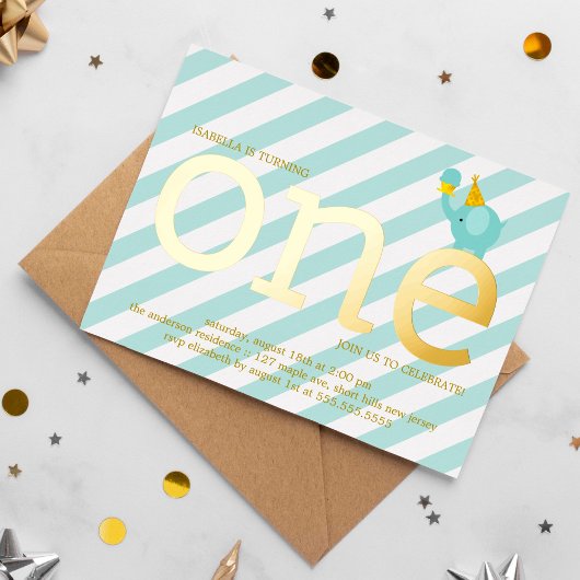 ミントと金フェイク箔の象の誕生日パーティー 箔招待状