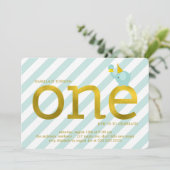 ミントと金フェイク箔象の誕生日パーティー 招待状 (スタンド正面)