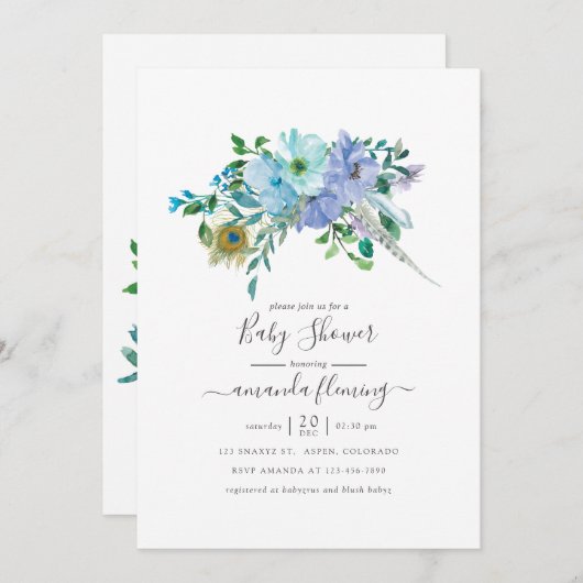 ミントと青の水の色ボホフローラベビーシャワー 招待状 (正面/裏面)