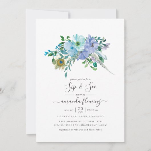 ミントと青の水の色ボホフローラsipと参照 招待状 (正面)