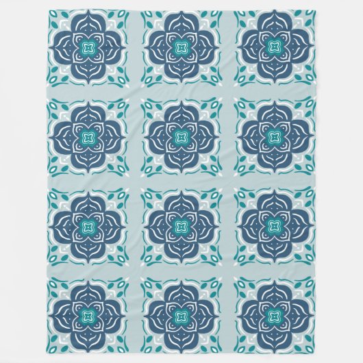 ミントと青マンダラタイル幾何学模様ボホ フリースブランケット (正面)