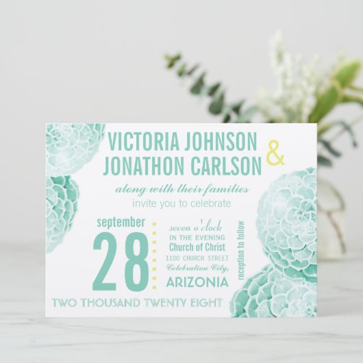 ミントと黄色のモダン多肉株結婚 招待状 (スタンド正面)