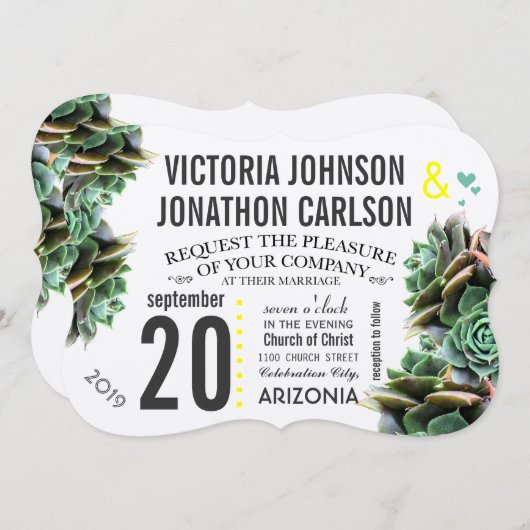 ミントと黄色のモダン多肉株結婚 招待状 (正面/裏面)