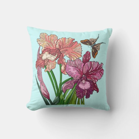 ミントにアイリスと蝶の花の絵 クッション (正面)