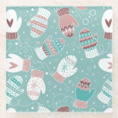 ミントに居心地の良い冬のクリスマスミッテンスのパターン ガラスコースター (正面)