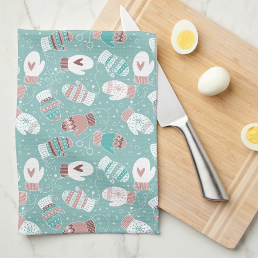 ミントに居心地の良い冬のクリスマスミッテンスのパターン キッチンタオル (四つ折り)