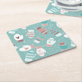 ミントに居心地の良い冬のクリスマスミッテンスのパターン スクエアペーパーコースター