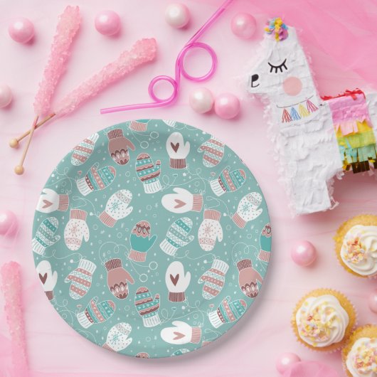 ミントに居心地の良い冬のクリスマスミッテンスのパターン ペーパープレート (パーティー)