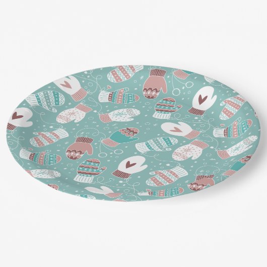 ミントに居心地の良い冬のクリスマスミッテンスのパターン ペーパープレート (アングル)