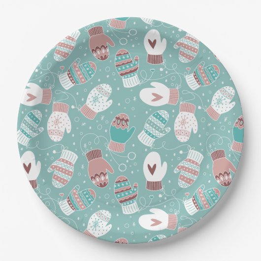 ミントに居心地の良い冬のクリスマスミッテンスのパターン ペーパープレート (正面)