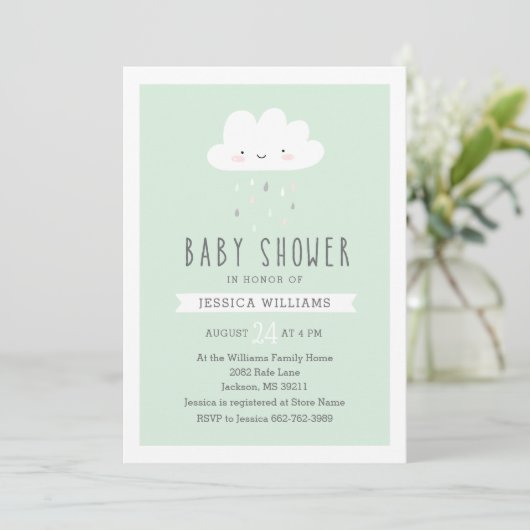 ミントのおもしろいな雨の雲のベビーシャワーの招待状 招待状 (スタンド正面)