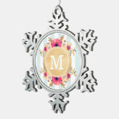 ミントのストライプな水彩画によってはフェイクな金ゴールドのモノグラムが開花します スノーフレークピューターオーナメント (右)