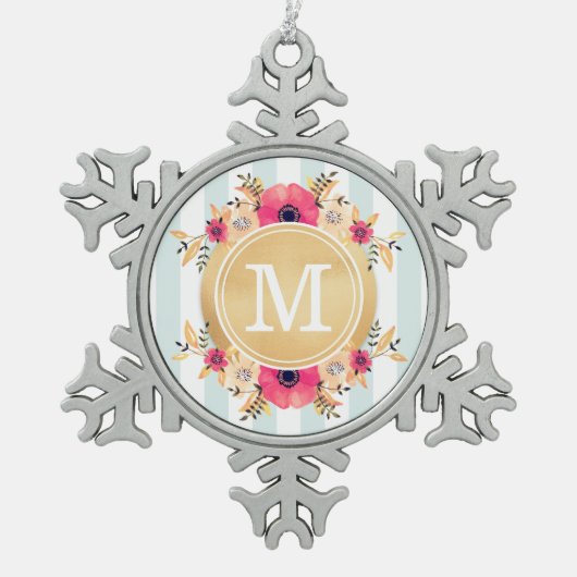 ミントのストライプな水彩画によってはフェイクな金ゴールドのモノグラムが開花します スノーフレークピューターオーナメント (正面)