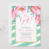 ミントのストライプのピンクの水彩画の花のベビーシャワー 招待状 (正面)