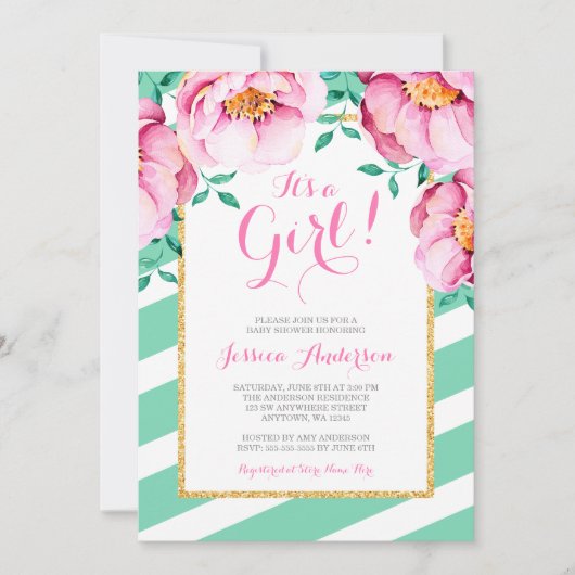 ミントのストライプのピンクの水彩画の花のベビーシャワー 招待状 (正面)