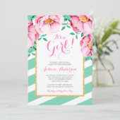 ミントのストライプのピンクの水彩画の花のベビーシャワー 招待状 (スタンド正面)