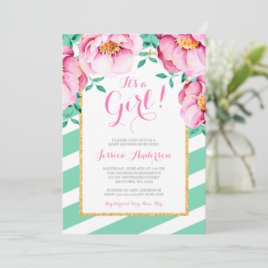 ミントのストライプのピンクの水彩画の花のベビーシャワー 招待状 (スタンド正面)